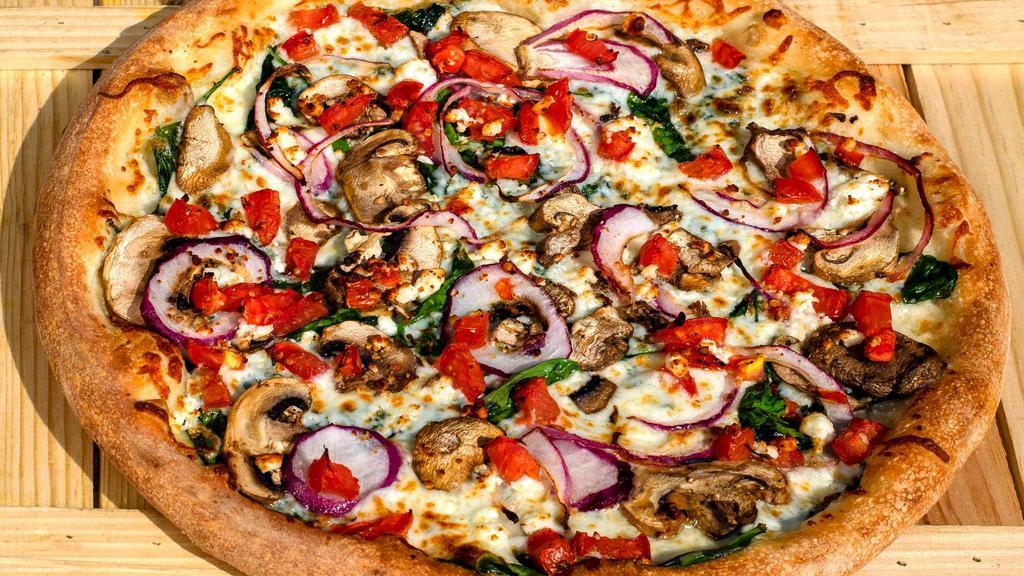 Greek Pizza · Mozzarella and feta cheese, ground beef, onions, black olives, tomatoes, green pepper.