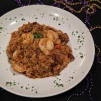 Cajun Jambalaya · Chicken, Andouille and shrimp with Bayou seasonings and white rice.