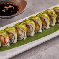 Dragon Roll · 10 pieces roll with shrimp tempura, asparagus, masago and spicy mayo, topped with avocado. S...