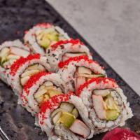 California Roll · 8 pieces Roll with crab, cucumber, and avocado, topped with masago. Served with soy sauce.