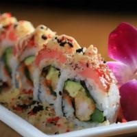 Funky Monkey Roll · 10 pieces roll with shrimp tempura, asparagus, lettuce, masago, spicy mayo topped with tuna ...