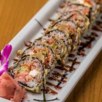 Santana Roll · 10 pieces tempura fried roll with salmon, crab, masago, cream cheese, and avocado. Served wi...