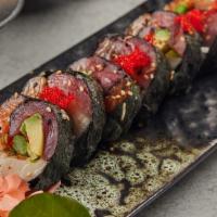 Protein Roll · 10 pieces riceless roll with salmon, tuna, white fish, avocado, asparagus, masago, and scall...