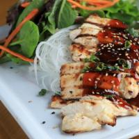 Teriyaki Chicken · Chicken breast marinated overnight and grilled served with teriyaki sauce. Accompanied by sa...