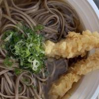 Tempura Soba · Noodles soup with two pieces of shrimp tempura and scallions.