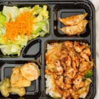 Hibachi Chicken Bento Box · Served with house salad 2 pieces dumpling and 3 pieces vegetable tempura. comes with a choic...