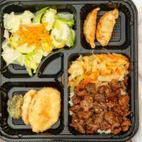 Hibachi Steak Bento Box · Served with house salad 2 pieces dumpling and 3 pieces vegetable tempura. comes with a choic...