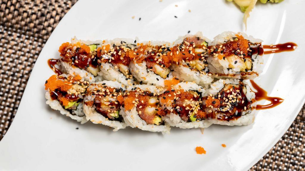 Paris Roll · In: Spicy Tuna, Shrimp Tempura and Avocado
Out: Eel Sauce, Masago and Sesame Seed