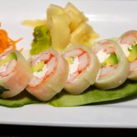 Kanisu · Rolled in paper thin cucumber with krab, scallion, avocado and cream cheese.