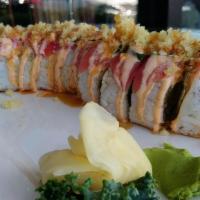 Jalapeno Roll · Shrimp tempura, eel, asparagus, cucumber, scallion, avocado, topped with tuna, eel sauce, ja...