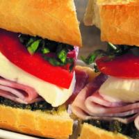 Prosciutto Sandwich · Fresh Mozzarella, tomatoes, fresh basil, basil pesto, extra virgin olive oil, and balsamic v...