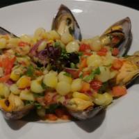Mussels Chalaca Style / Choros A La Chalaca · Mussels marinated with lime juice and cream of yellow Peruvian pepper, topped with chopped o...