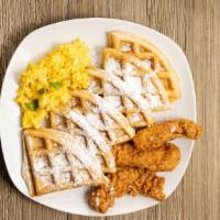 Chicken N Waffles · Deep fried chicken tenders with a honey glaze, buttermilk waffles, eggs & hash brown.