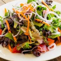 Garden Salad · Field greens, tomato, red onion, kalamata olives, carrots, balsamic vinaigrette.