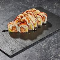 Yaki Roll · Tuna crispy, salmon crispy, masago, kanikama crispy, cream cheese, avocado, scallions and te...