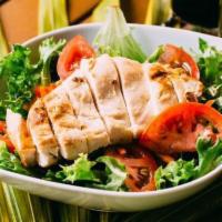 Caesar Salad With Chicken · Romaine lettuce, parmesan cheese, croutons and grilled chicken breast. Caesar dressing.