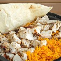 Natural Chop · Chopped grilled chicken breast with our special yellow rice and pita.