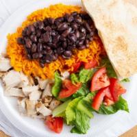 Latin Chop · Chopped grilled chicken breast rice, lettuce, tomatoes, black beans and pita.