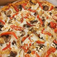 Tuscan Chicken Pizza · grilled chicken, roasted red peppers, mushrooms & goat cheese