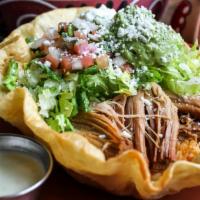 Taco Salad · Taco bowl filled with Mexican choice of filling, topped with lettuce. Queso fresco,sour crea...