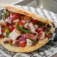 Arepa Pulpo · octopus vinaigrette, red pepper, cilantro, red onion and lime