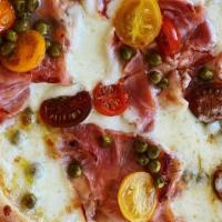 Pizza Prosciutto Piselli · Foir di Latte, Prosciutto di San Daniele, Pigeon Peas, Hierloom Cherry Tomatoes