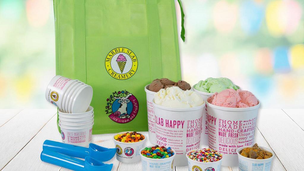 Ice Cream Kit - 4 Quart  · (Serves 10-15). 4 quarts of our homemade ice cream. 4 of our most popular toppings. Insulated Bag. Plastic Scoop. Small cups, napkins, spoons. *Please use special instructions to indicate the type of event you're planning.