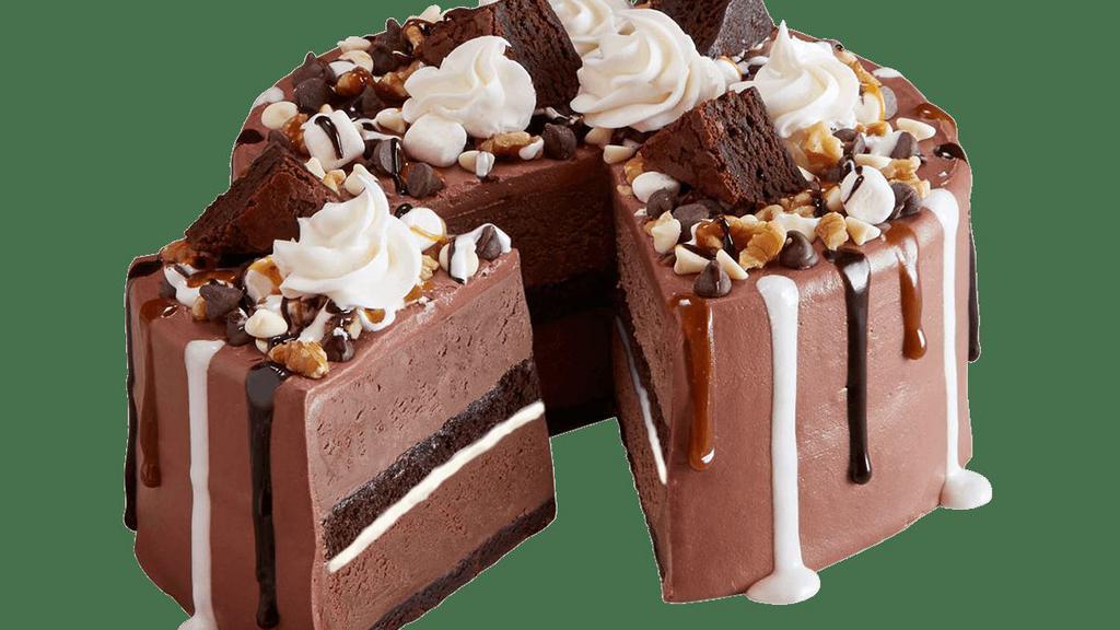 Chocolate Rocky Road Brownie · Take your taste buds on the ride of a lifetime with our Chocolate Ice Cream, Fudge Ice Cream, mallow sauce and chocolate cake on a chocolate cake base. Chocolate frosting, chopped walnuts and mini marshmallows on top make for one smooth ride.