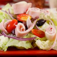 Antipasto Salad · Chopped tomatoes, provolone cheese, ham, salami chickpeas, green olives, romain lettuce, red...