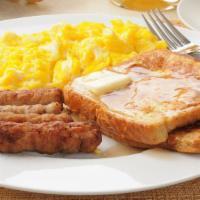 Savory French Toast Plate With Sausage · Delicious slices of golden French Toast, served with juicy sausage links and 2 eggs.