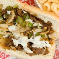 Philly Cheesesteak · Grilled steak, white American cheese, and grilled onions,bell peppers,mushroom on a hoagie r...