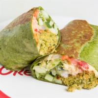 Falafel Hummus Wrap · Vegetarian. Crispy falafel with roasted red peppers, cucumbers, red onions, lettuce, tomato....