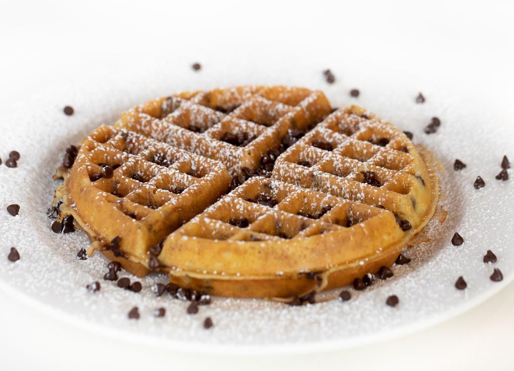 Chocolate Chip Waffle · Our waffle filled and topped with Hershey’s® mini chocolate chips. Lightly dusted with powdered sugar and served with real whipped cream made fresh with pure vanilla. 1210 cal.