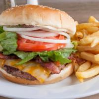 Angus Bacon Burger · Classic Angus cheeseburger topped with grilled bacon. Served with an order of french fries.