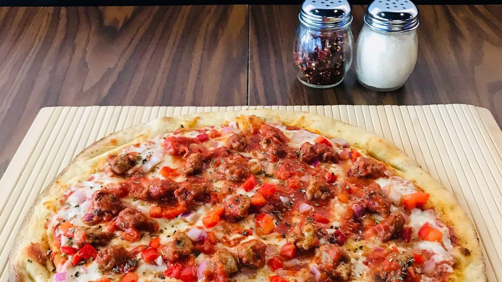 Spicy Sausage Pizza · Authentic spicy crumbled Italian sausage, red and green peppers, sweet red onions, plum tomato sauce, and melted mozzarella cheese.