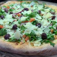 Arugula Salad Pizza · Fresh arugula, diced tomatoes, kalamata olives, sweet red onions and shaved Parmesan cheese ...