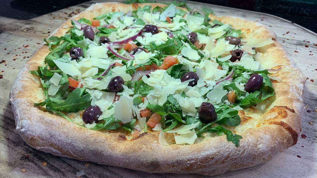 Arugula Salad Pizza · Fresh arugula, diced tomatoes, kalamata olives, sweet red onions and shaved Parmesan cheese tossed in extra virgin olive oil and rustica homemade balsamic vinaigrette.