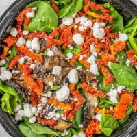 Spinach Salad · Baby spinach, goat cheese, roasted portobello mushrooms, kalamata olives, sun dried tomatoes...