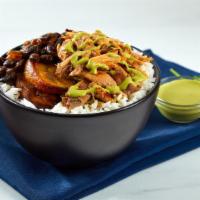Cuban Pulled Pork Rice Bowl · Let's Mojo! Pulled mojo pork with black beans and plantains over steam jasmine rice with roa...