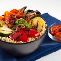 Mediterranean Veggie Rice Bowl · Veggie Lover's Bowl: Grilled zucchini, squash, red bell pepper, Portobello mushrooms, roaste...