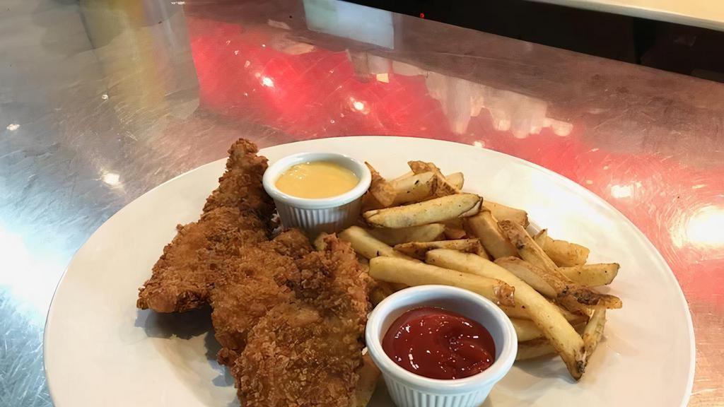Pollo Tenders & Fries · Hormone-free, home-made breaded chicken breast tenders w/ French fries.