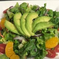Avacodao Salad · Field greens, cucumber, cherry tomato, mandarin oranges, sunflower seeds, 1/2 avocado, garli...
