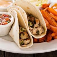 Savory Tacos With Two Side · Select form (2) grilled fish, (2) grilled chicken or (2) grilled steak tacos in a soft white...
