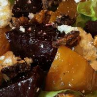 Roasted Beet Salad · Red and Gold Beets Dressed in Balsamic Vinegar and Olive Oil, Goat Cheese, Candied Walnuts, ...