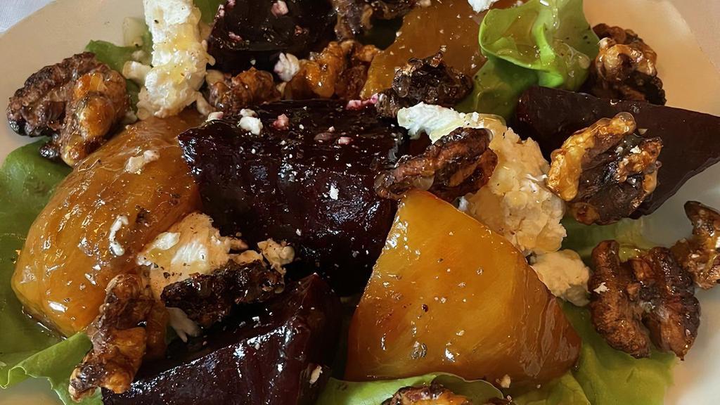 Roasted Beet Salad · Red and Gold Beets Dressed in Balsamic Vinegar and Olive Oil, Goat Cheese, Candied Walnuts, and Honey