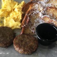 French Toast · Served with 2 large eggs cooked any style and choice of hickory-smoked bacon, pork sausage o...