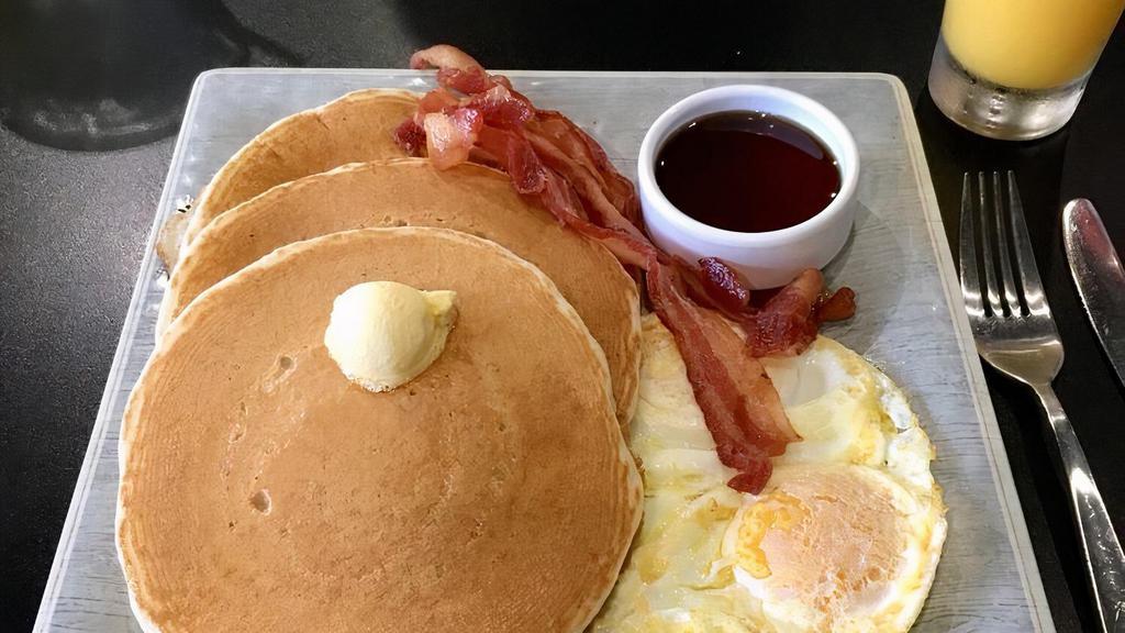 Buttermilk Pancakes · Served with 2 large eggs cooked any style and choice of hickory-smoked bacon, pork sausage or hickory-smoked ham.
*Gluten Free Available