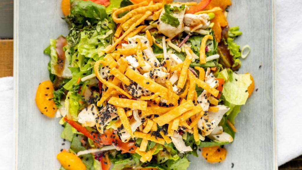 Asian Sesame Salad · Fresh grilled chicken breast, red and green bell peppers, mandarin oranges, basil, cilantro, chopped cabbage and romaine lettuce all tossed in sesame dressing with fried wontons and sesame seeds.