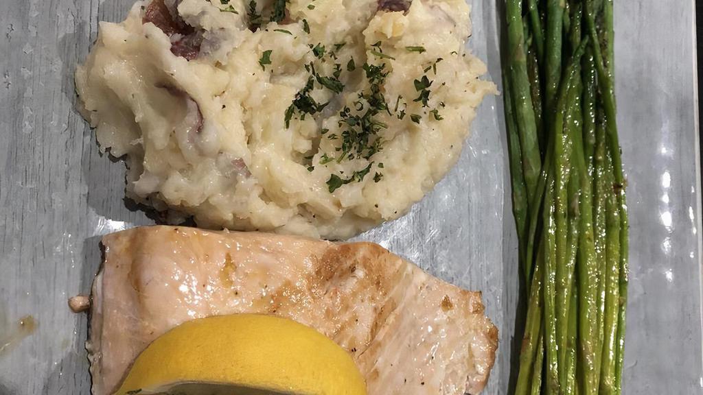 Grilled Salmon Dinner · Blackened or grilled, served with mashed potatoes and a fresh vegetable.