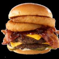 Bbq Bacon Burger · DOUBLE PATTY / HAND-SMASHED / AMERICAN CHEESE / BACON / HONEY BBQ / ONION RINGS / PICKLES / ...